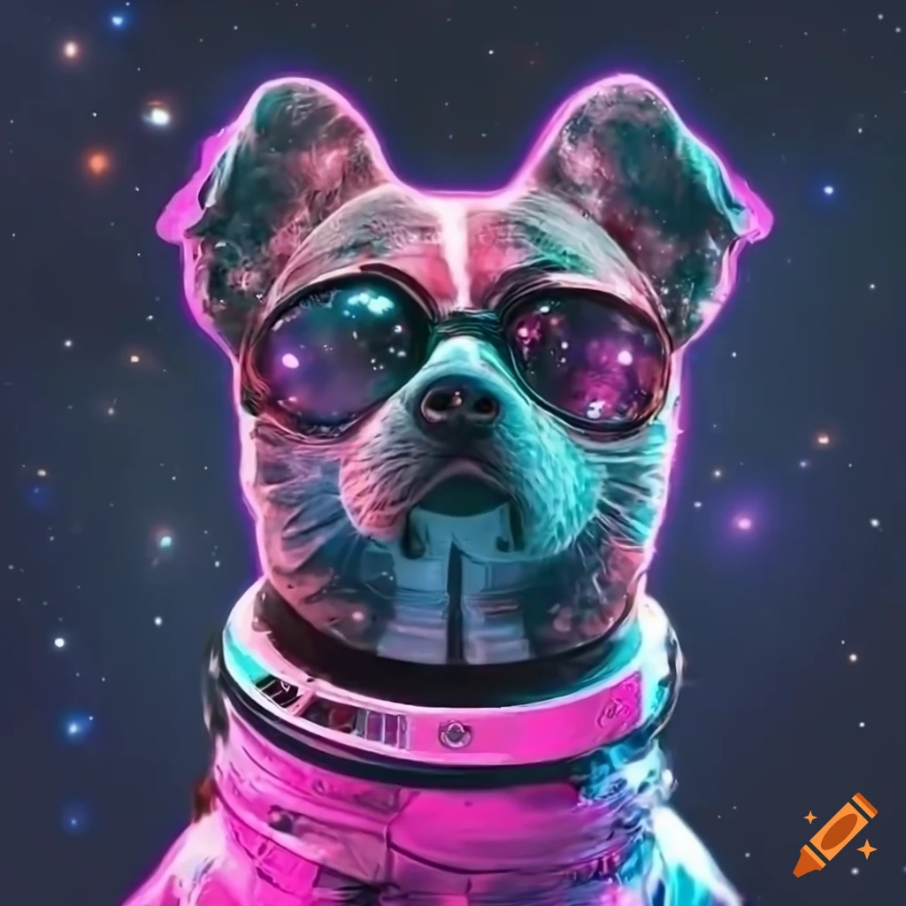 Cute dog with sunglasses in an astronaut suit surrounded by stars and galaxies