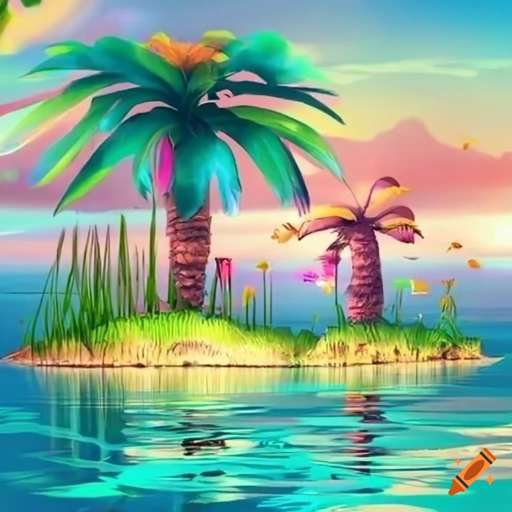 Isla fantastica con palmeras y flores tropicales en estilo de animacion