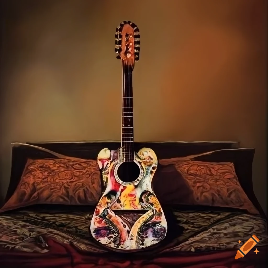 Intricate guitar designs on edge of unmade bed with vintage guitars in the background
