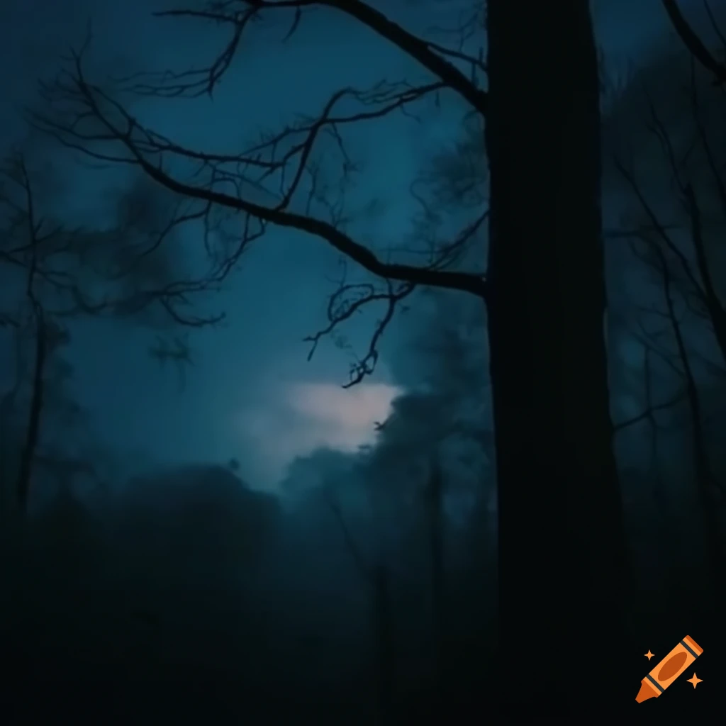 Dark forest with a partially hidden moon and clouds