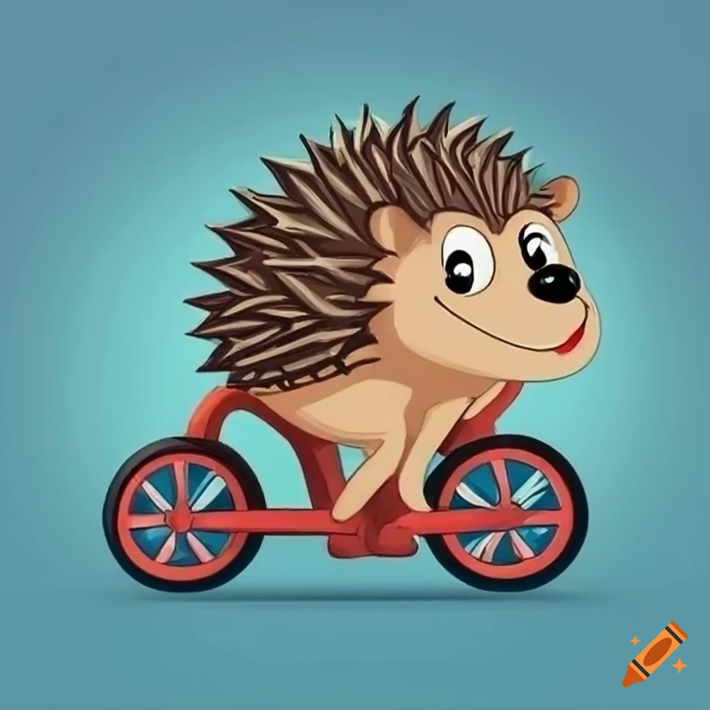 Cartoon art of a hedgehog riding a bike