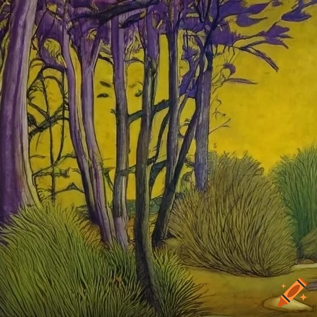Forest painting in purple, yellow, green, and brown tones inspired by various artists