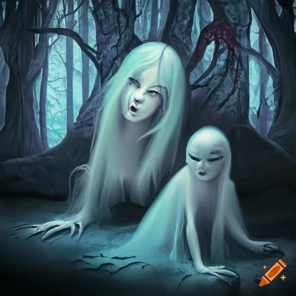 Ghostly fairy in a Patrick Woodroffe style floating in a dark forest