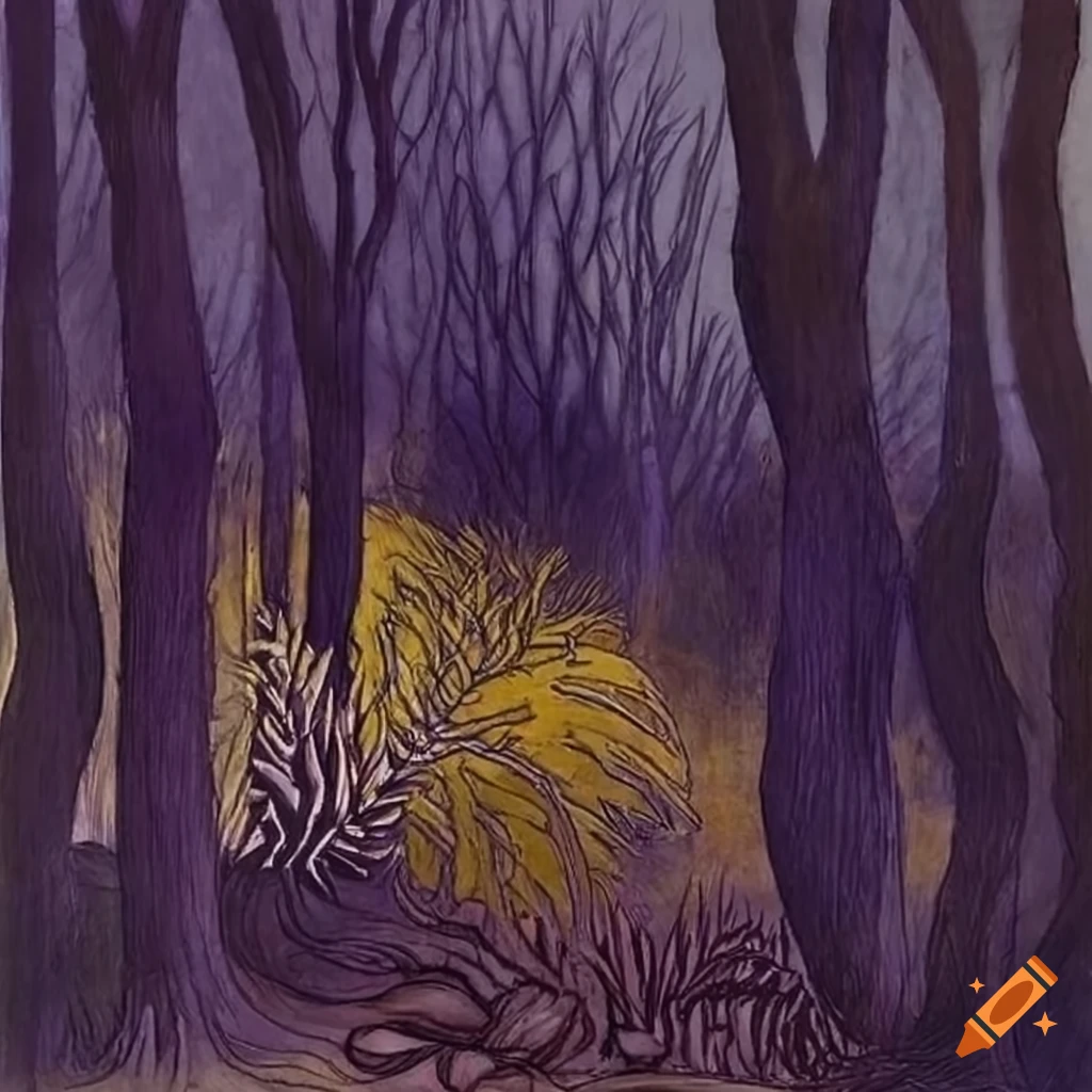 Forest painting in purple, yellow, green, and brown tones inspired by various artists
