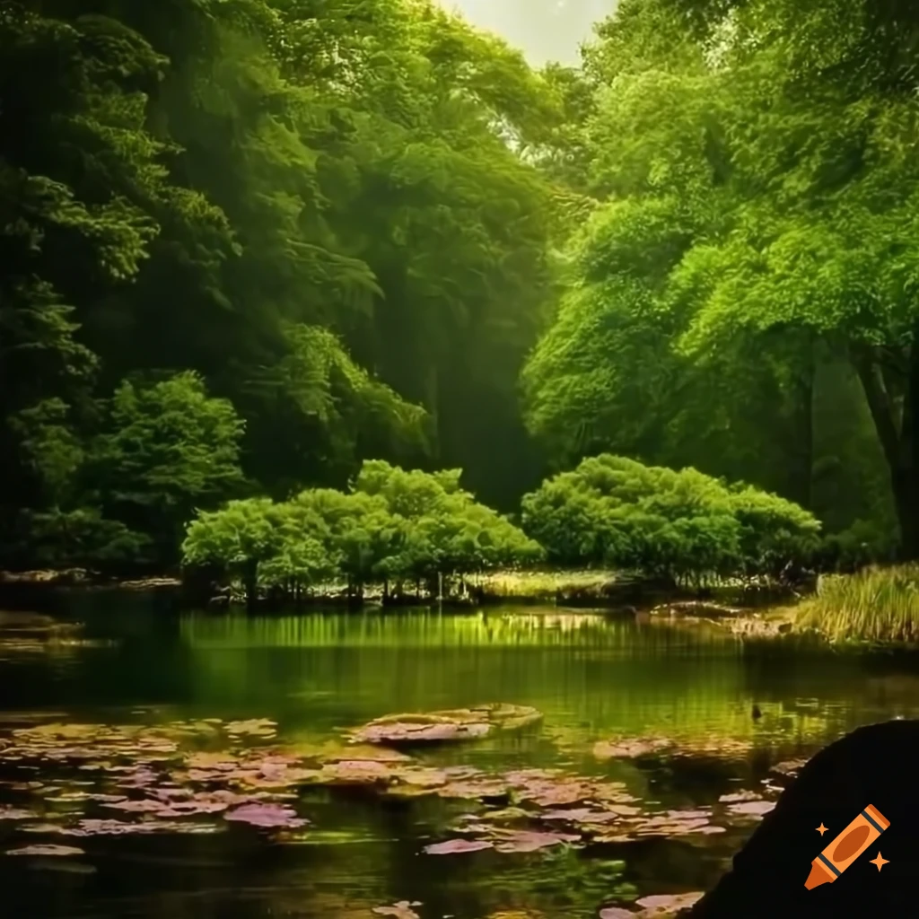 Island with ponds, trees, flowers, and rocks in a rainy environment