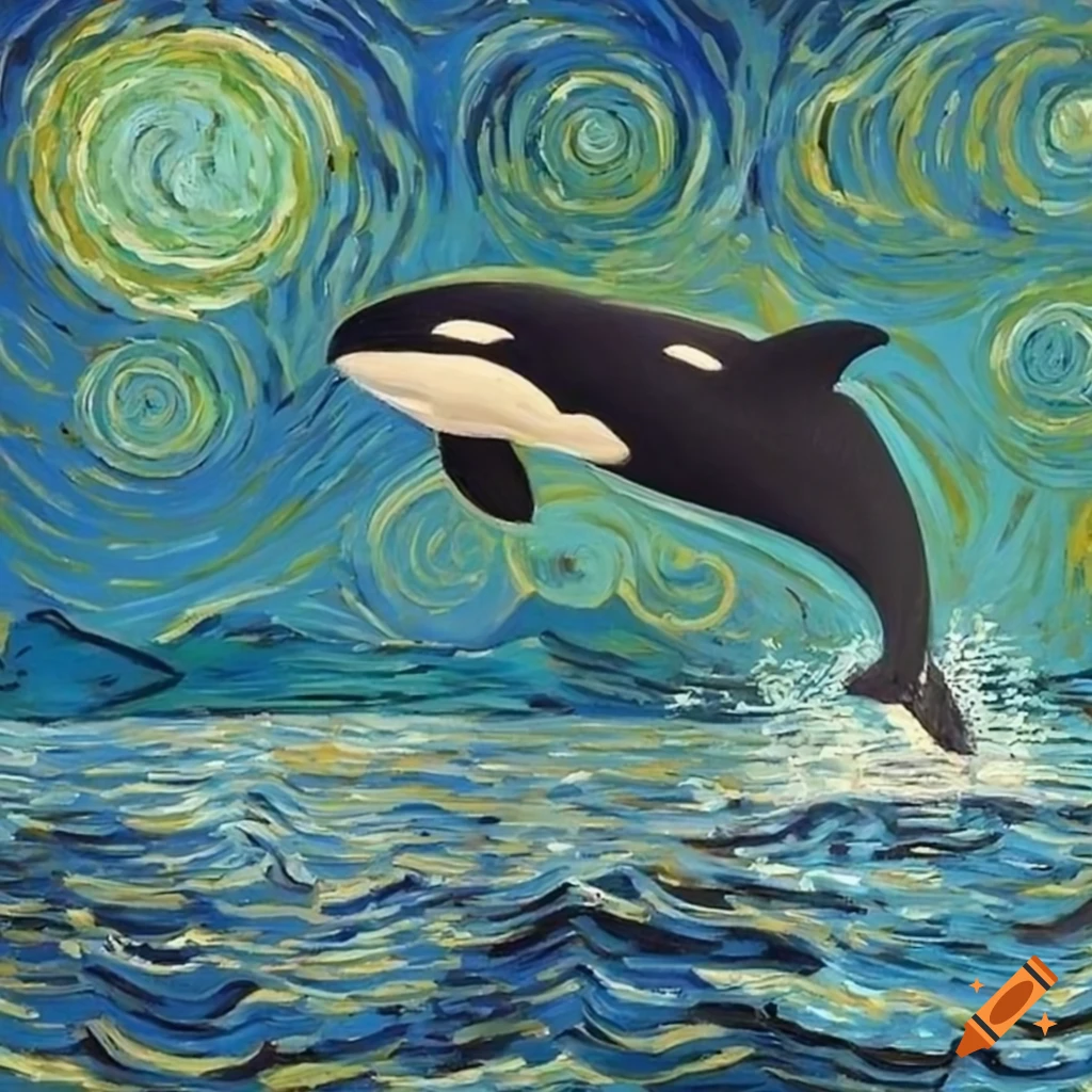 Orca swimming in the sea with a Van Gogh style