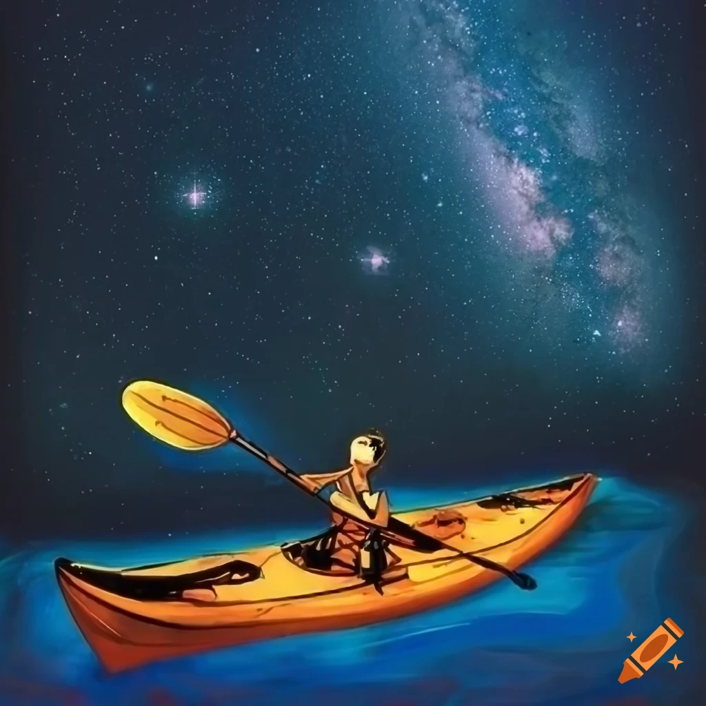 Woman paddling a kayak under the Milky Way in the style of M.C. Escher