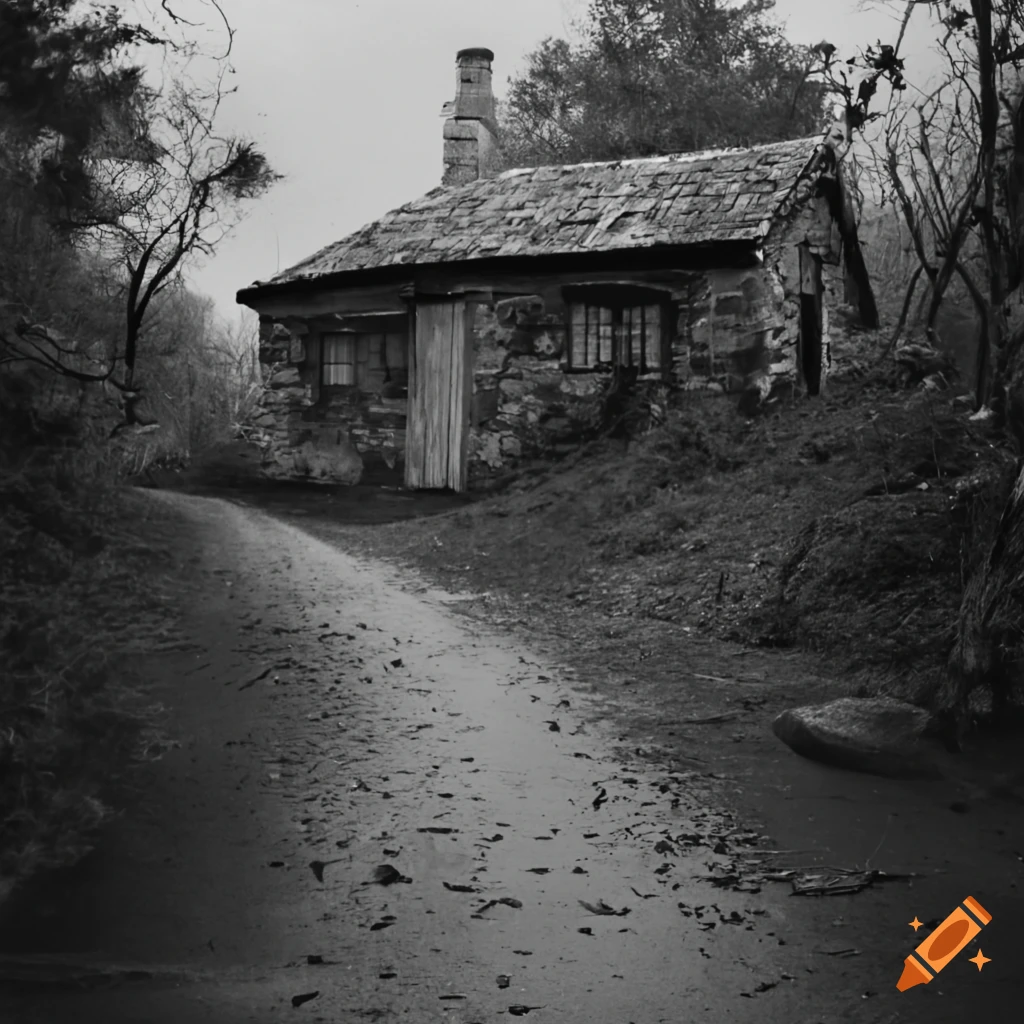 Rustic cottage by the beach on a secluded road with vintage film aesthetics