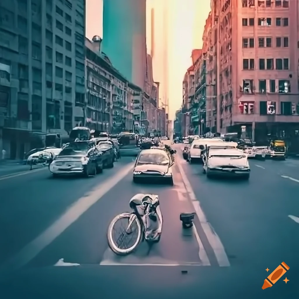 Chaotic car traffic jam with a bicycle causing congestion on a city street