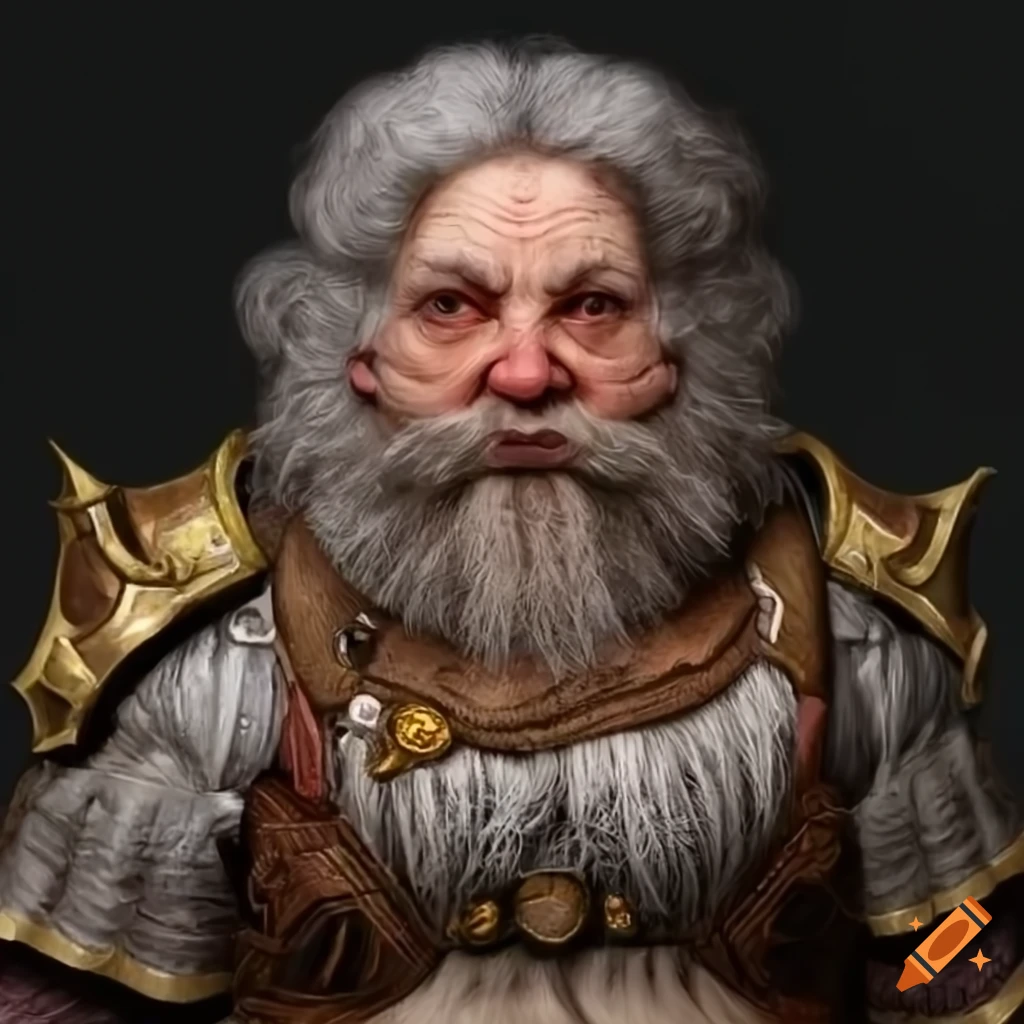 Female dwarf grandmother in full armor with a stylized beard
