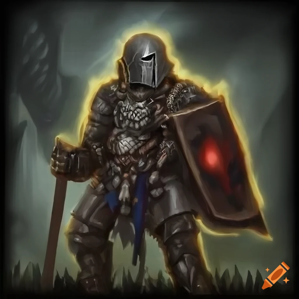 Human knight battling undead hordes in an epic fantasy scene