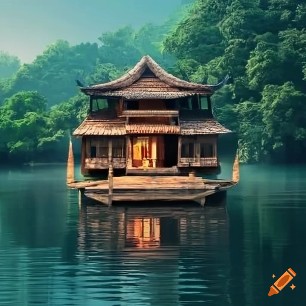 Asian-style floating house on river
