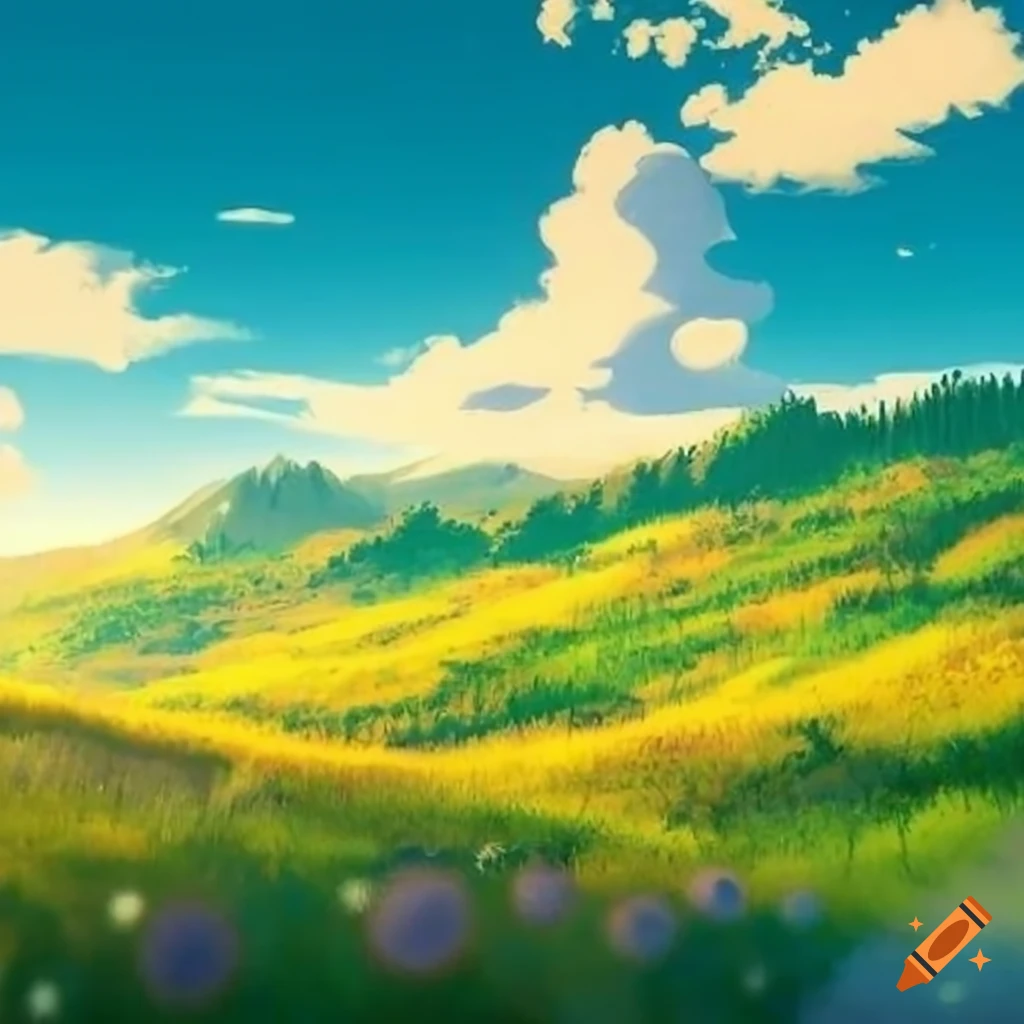 Scenic grassland in Andalusia with rolling hills, wildflowers, and blue sky