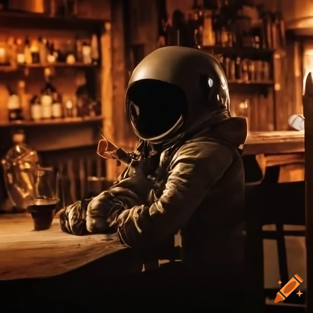 Melancholic astronaut in a cowboy hat sitting at a rustic bar table