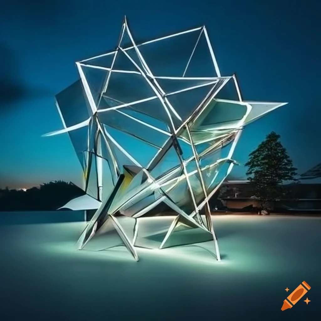 Outdoor sculptural geometric art with glass and live plants