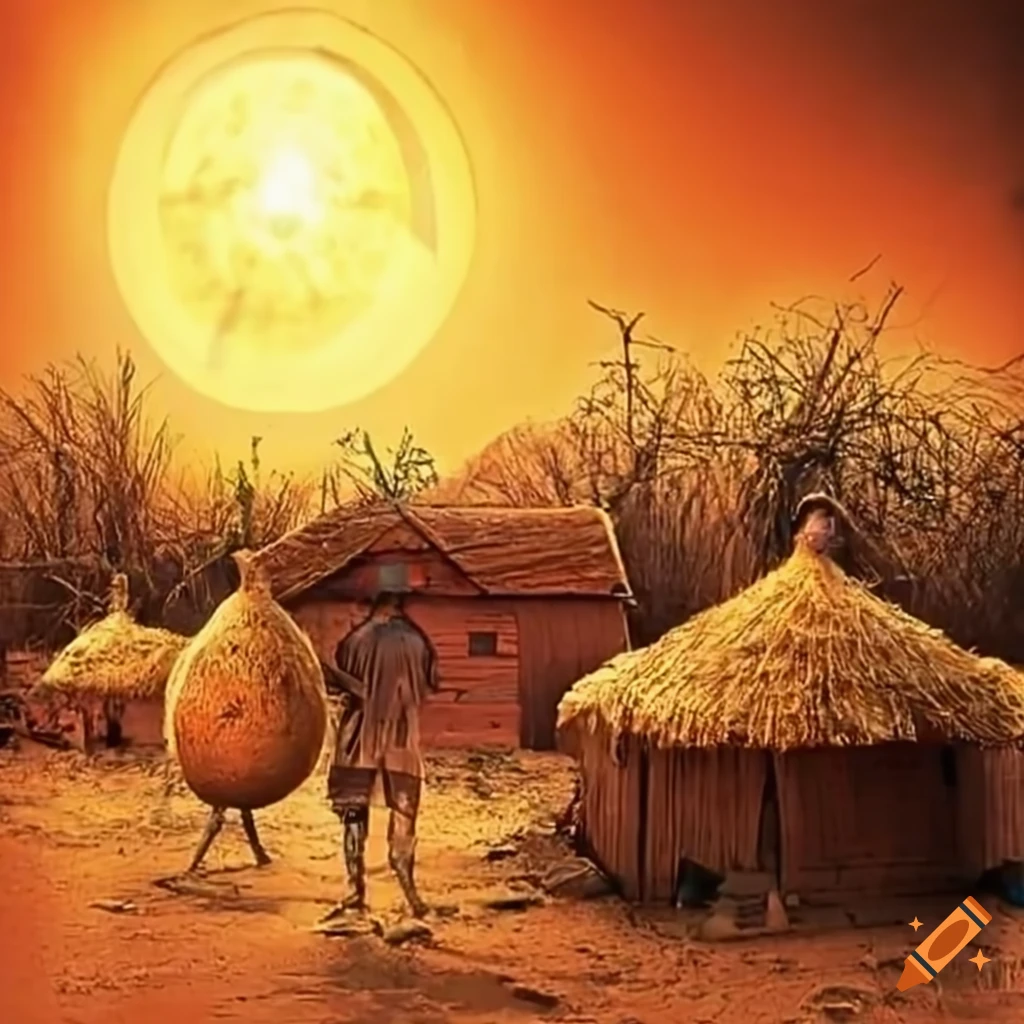 Scene of poverty in a drought-affected village with mud houses and dried crops
