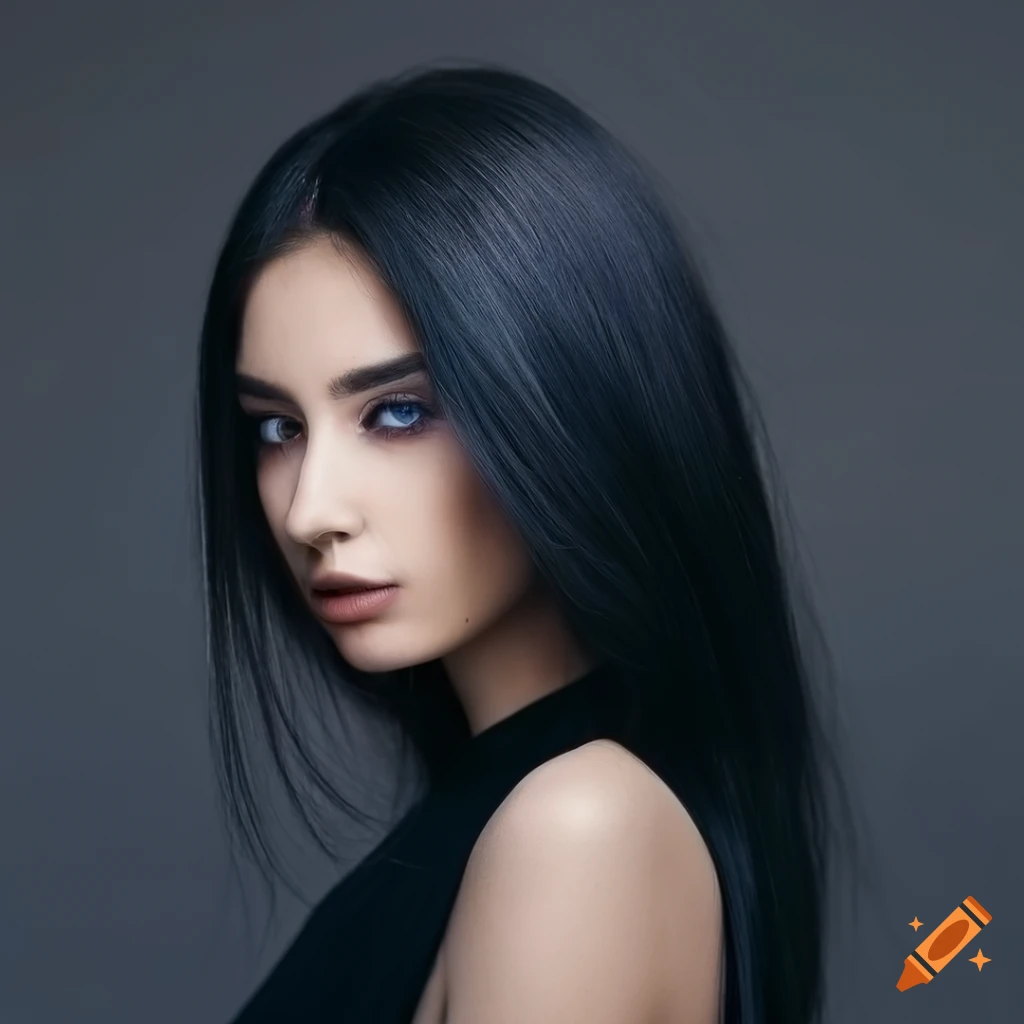 Beautiful woman with long black hair and captivating grey eyes in stunning 4k detail on Craiyon