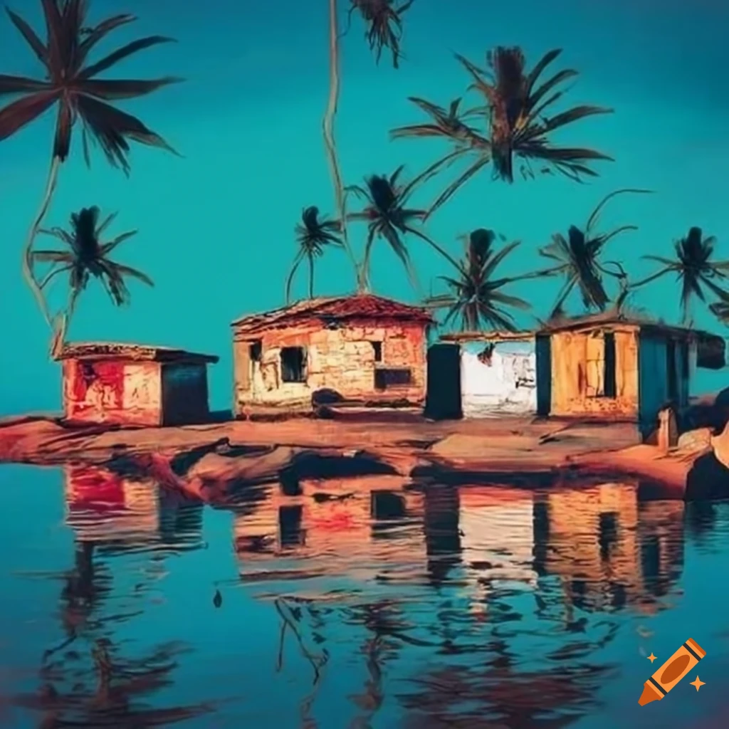 Lo-fi art of a small abandoned village on a Brazilian beach with people, houses, and boats