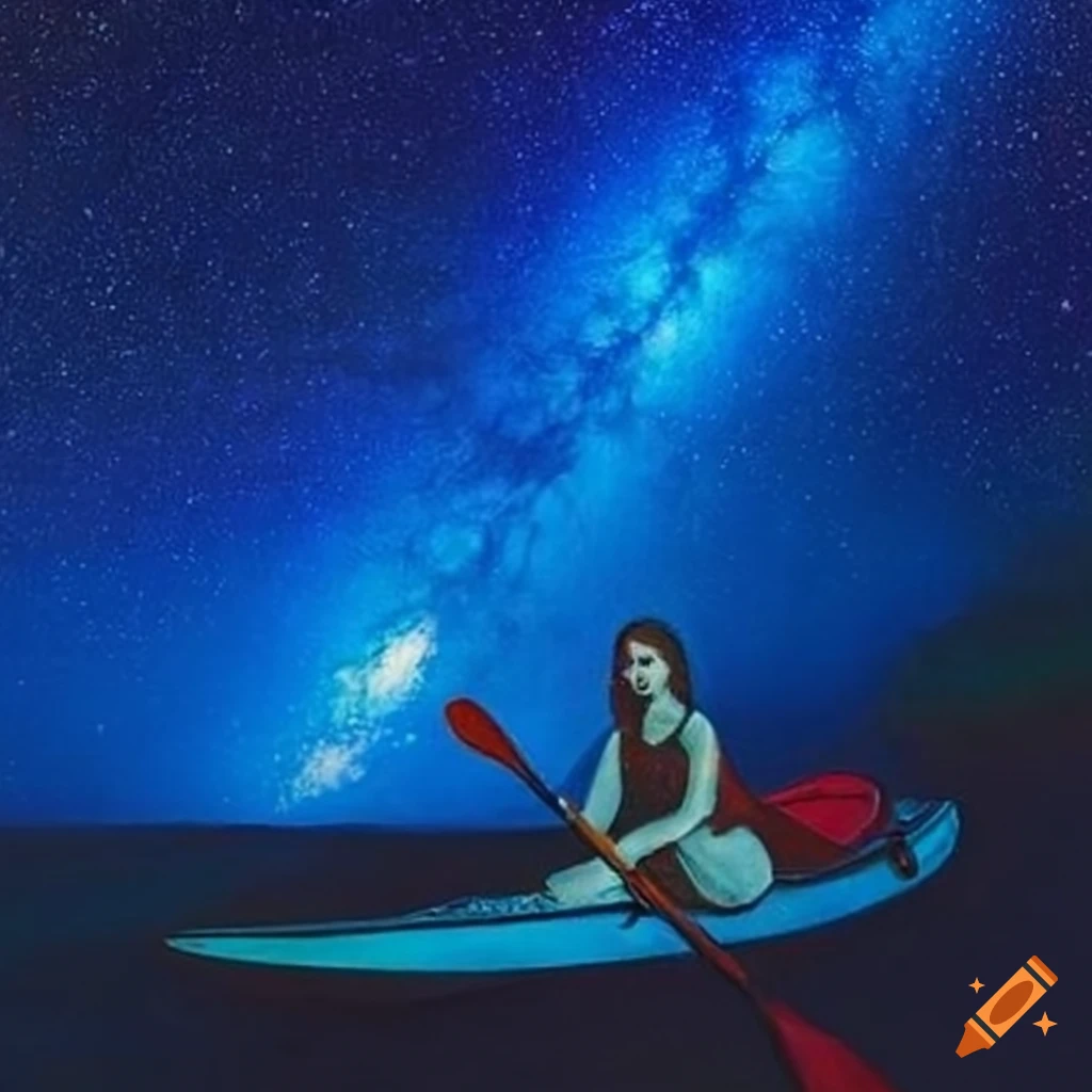 Woman paddling kayak under cobalt blue Milky Way in Marc Chagall style