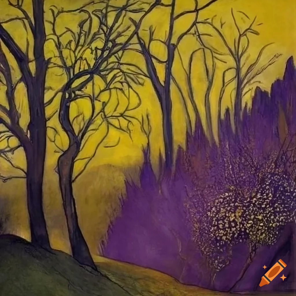 Forest painting in purple, yellow, green, and brown tones inspired by various artists