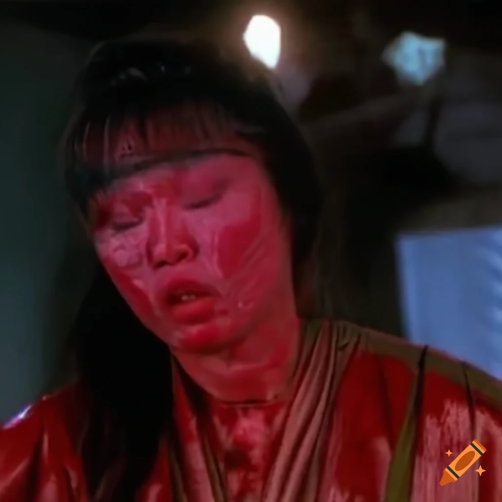 Expressive closeup of dizzied and bruised Chinese woman fighter in an 80's movie scene