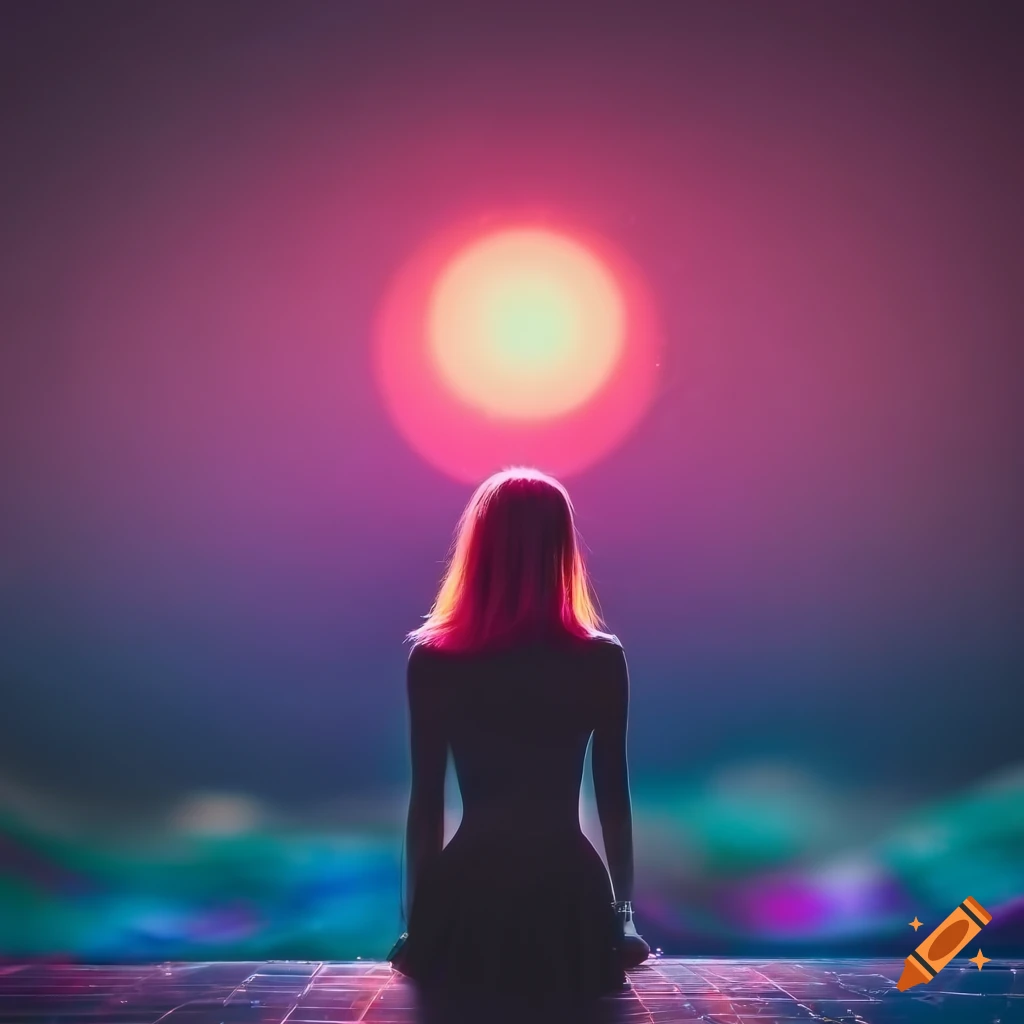 Female with long pink hair in a dreamscape with glowing silhouette and neon bokeh