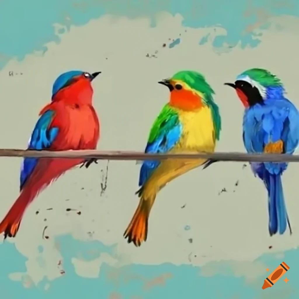 Four colorful birds playing
