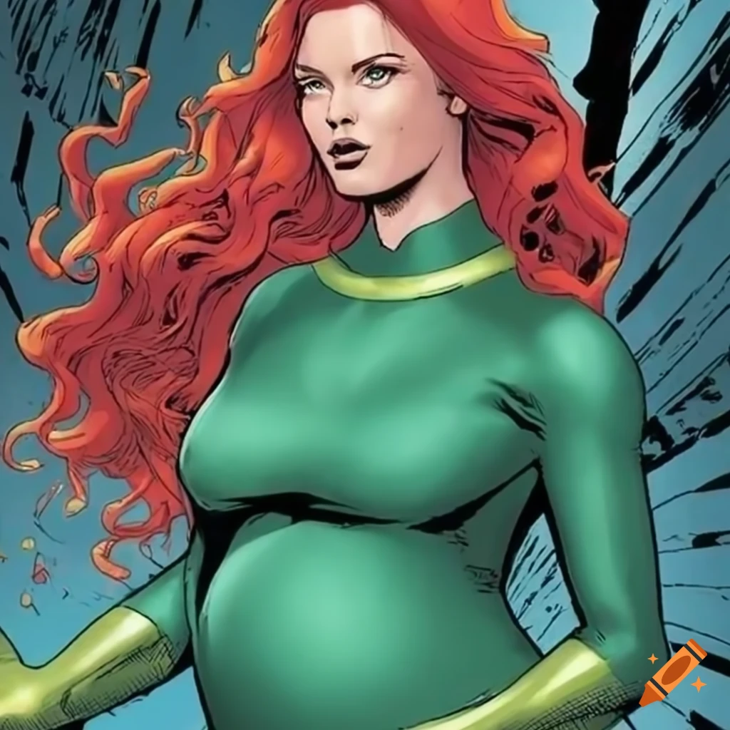 Jean Grey in her Marvel Girl green dress highlighting her pregnancy on Craiyon Jean Grey in her Marvel Girl green dress highlighting her pregnancy on Craiyon