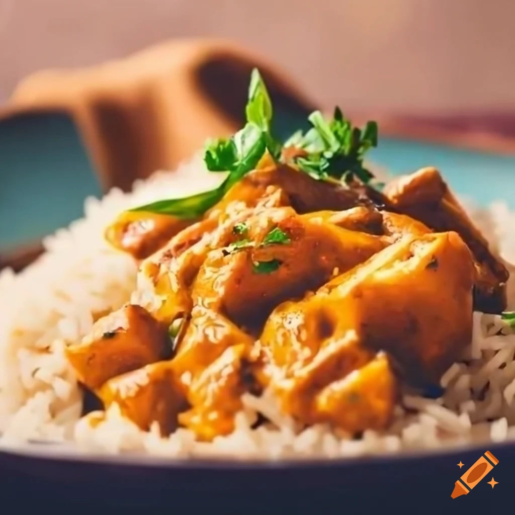 Indian curry with rice and naan bread in gourmet photography