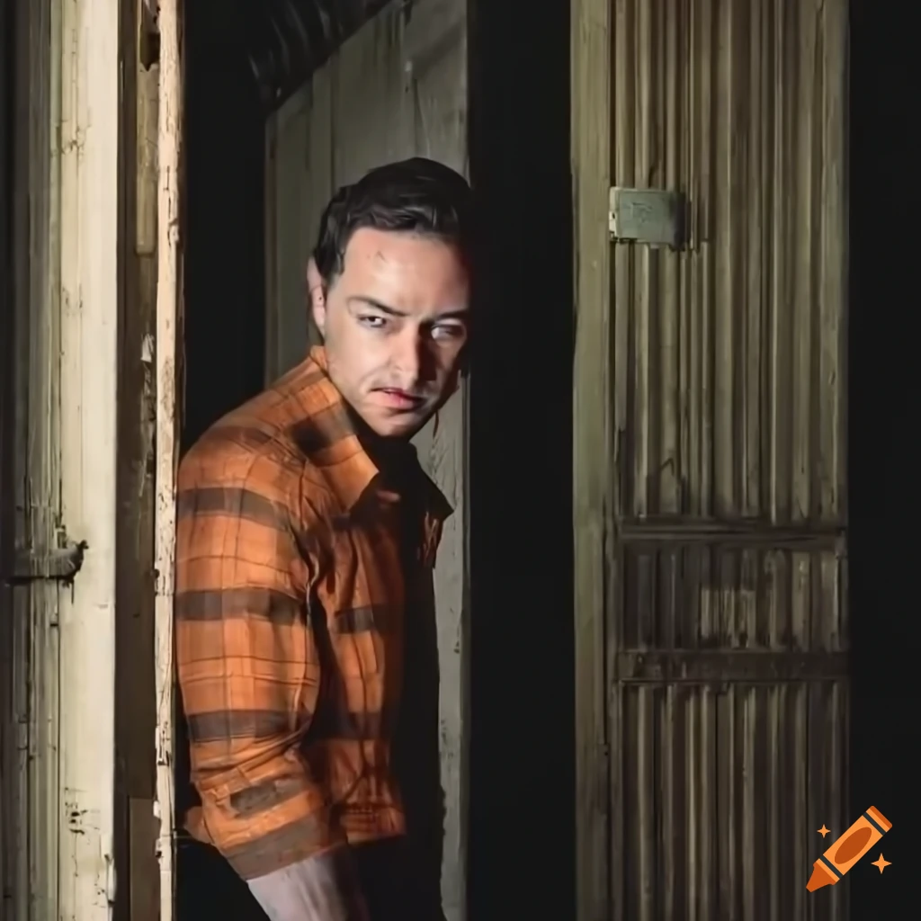 Young man resembling british actor james mcavoy in orange plaid shirt