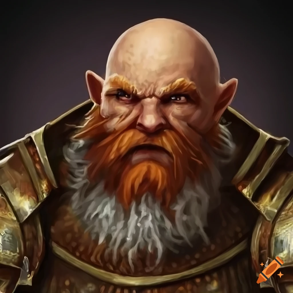 Detailed portrait of a bald dwarf in gold heavy armor