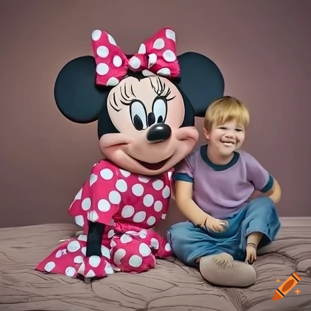 Minnie Mouse mascot hugging a boy in a cozy corner
