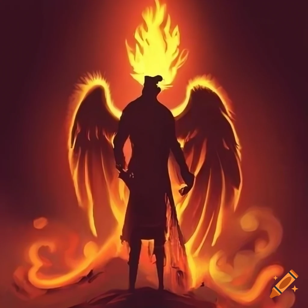 Man burning in fury resembling a phoenix in fantasy art style