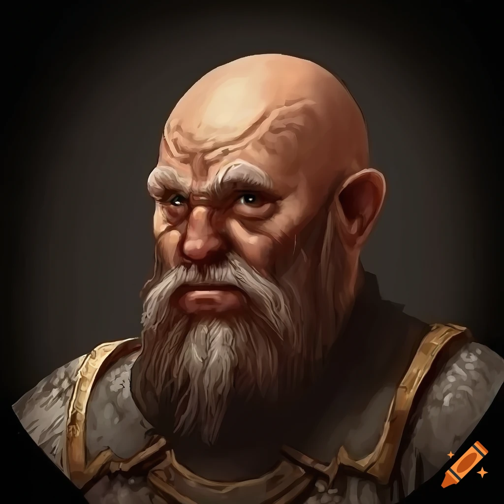 Detailed portrait of an armored bald dwarf character in a dungeon