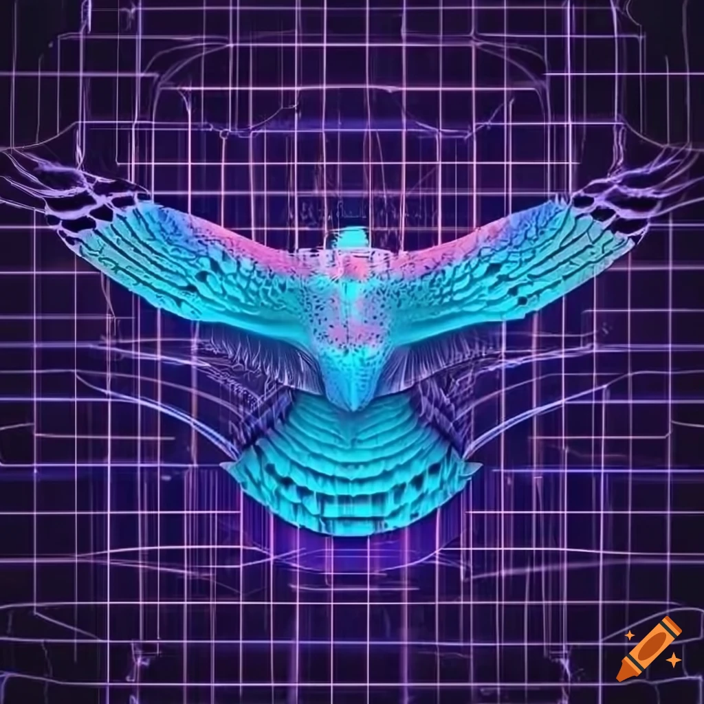 Tech logo with a majestic kestrel bird soaring over a 3D grid of blue cells