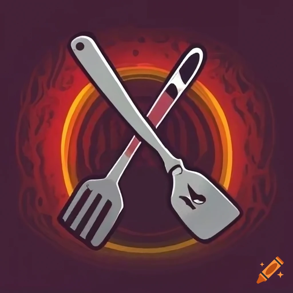 Flaming spatula and knife crossed logo