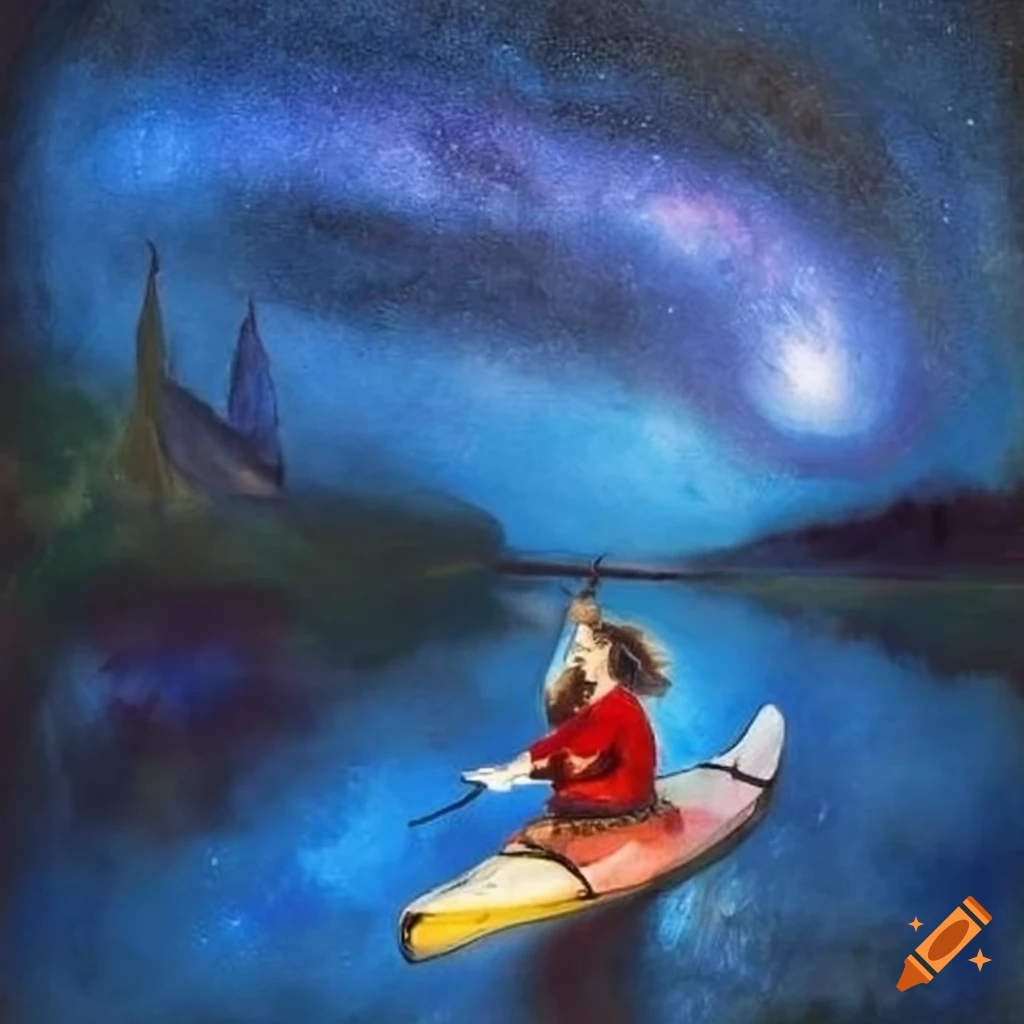 Woman paddling a kayak under the cobalt blue Milky Way in Marc Chagall style painting