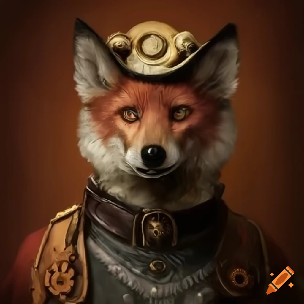 Steampunk fox in hyperrealistic style