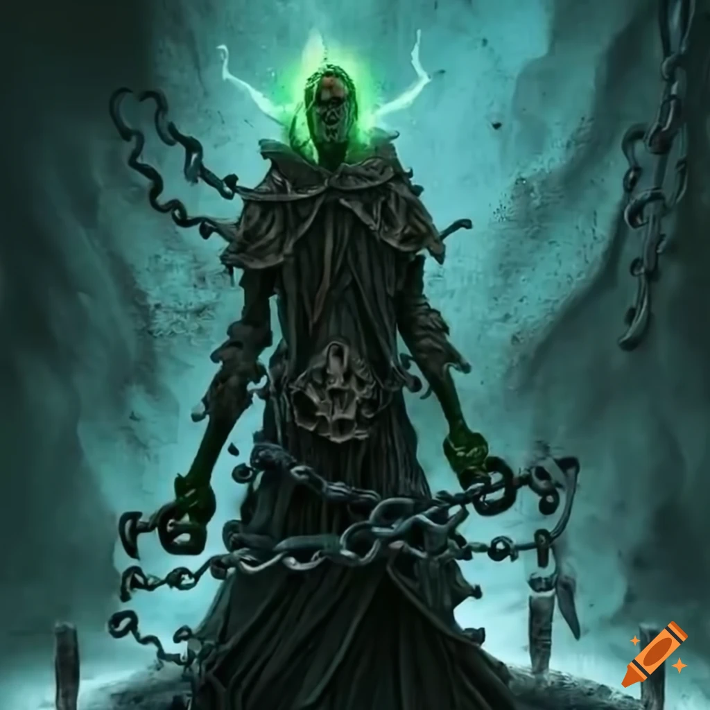 Lich with bound wrists to a concrete wall