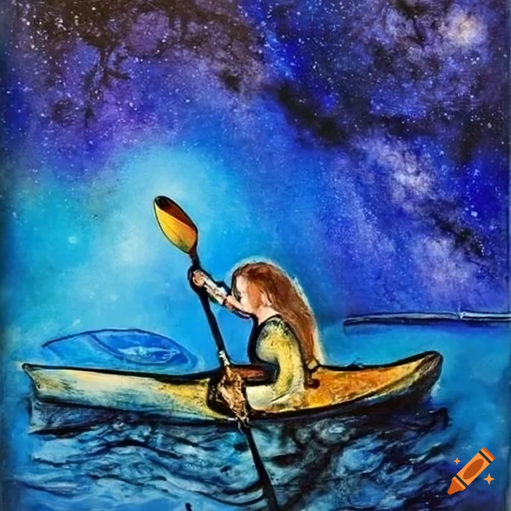 Woman paddling a kayak under the cobalt blue Milky Way in Marc Chagall style painting
