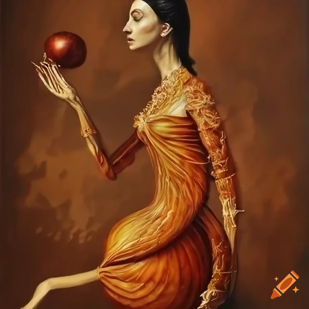 Surreal people made of onion skins with hyperreal detail like Remedios Varo