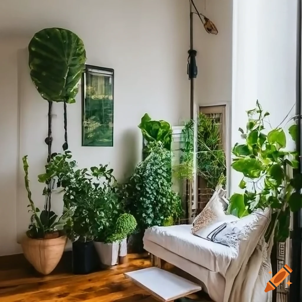 Cozy apartment filled with plants and garden decor, aesthetic Instagram photography