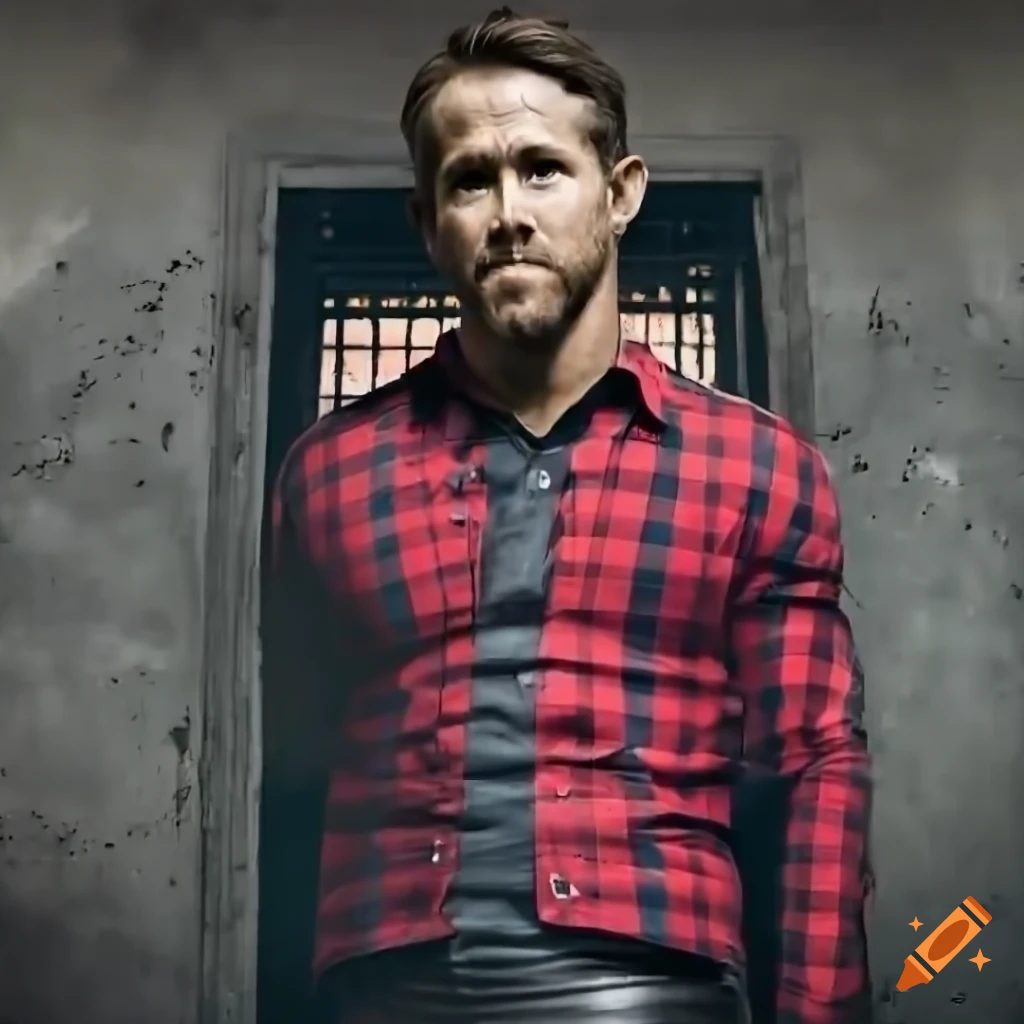Young man in red plaid shirt and black leather trousers peeking through derelict building door