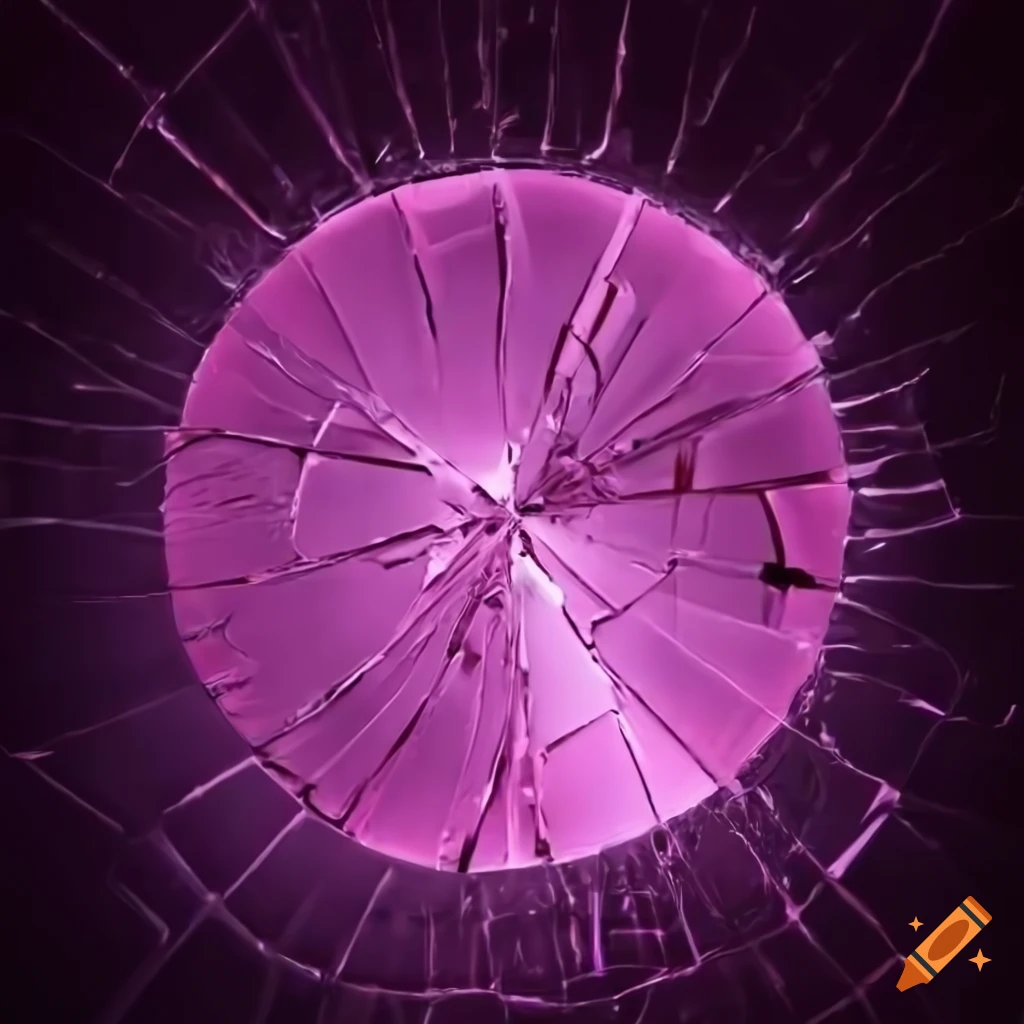 Circular shattered pink glass pane on white background