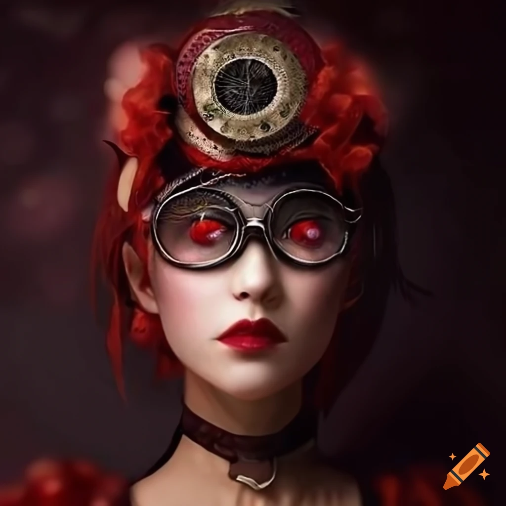 Photo realistic AI bio-organic mechanical asian steampunk robe in red and black lace with gas mask and radioactive symbol, fusion fantasy