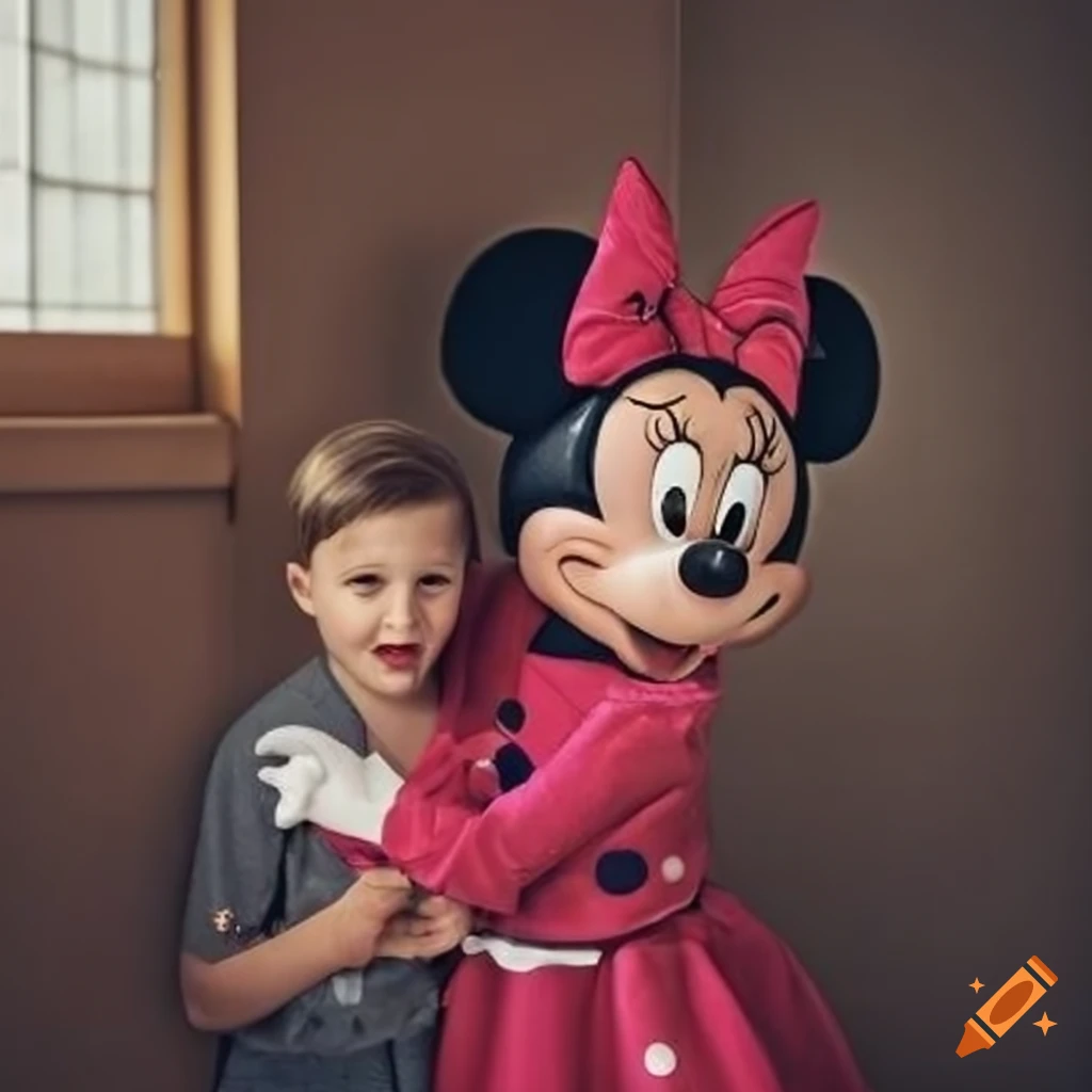 Minnie Mouse setting a boy in a cozy corner and hugging him