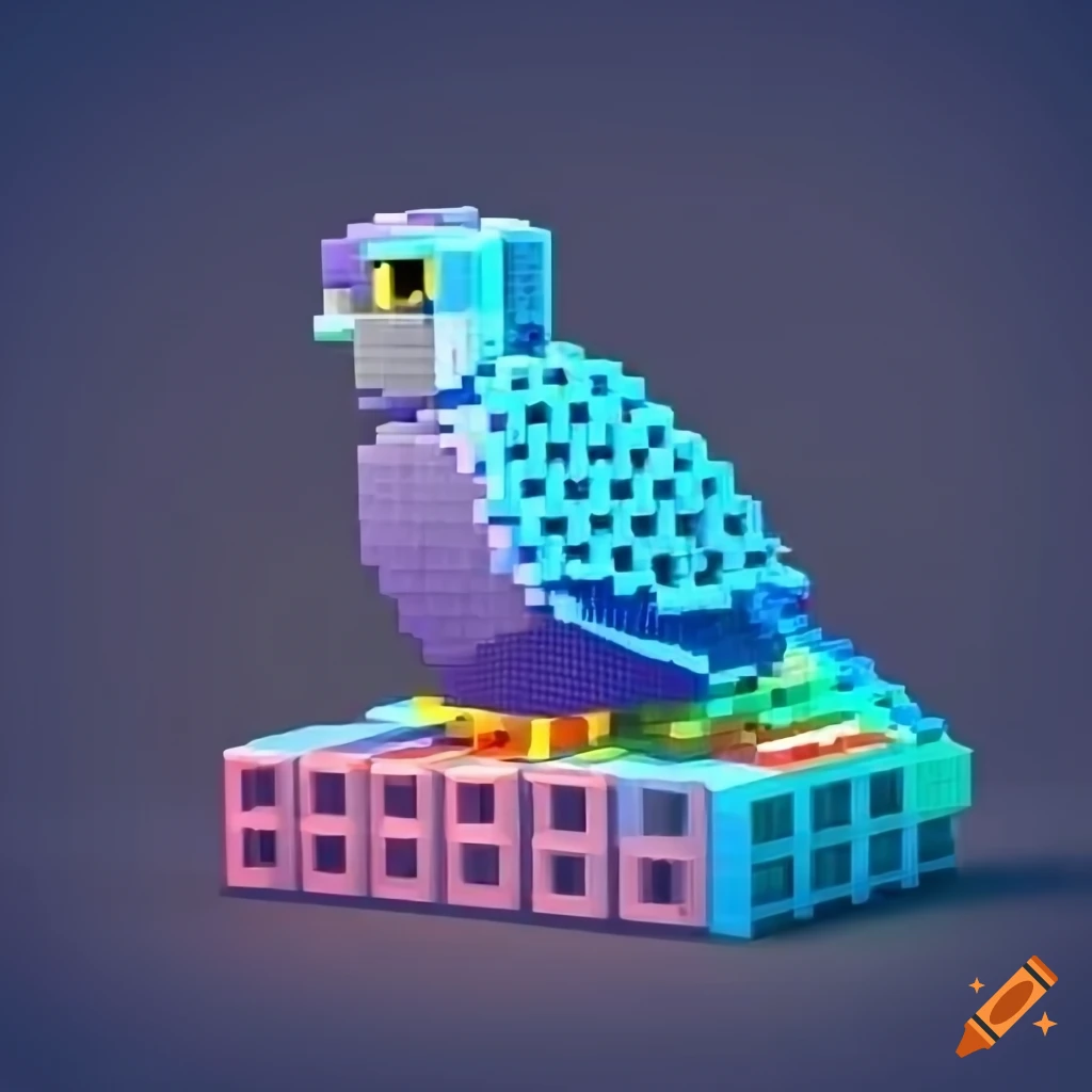 Streamlined 2D tech logo with a holographic blue kestrel bird in a light blue building block nest