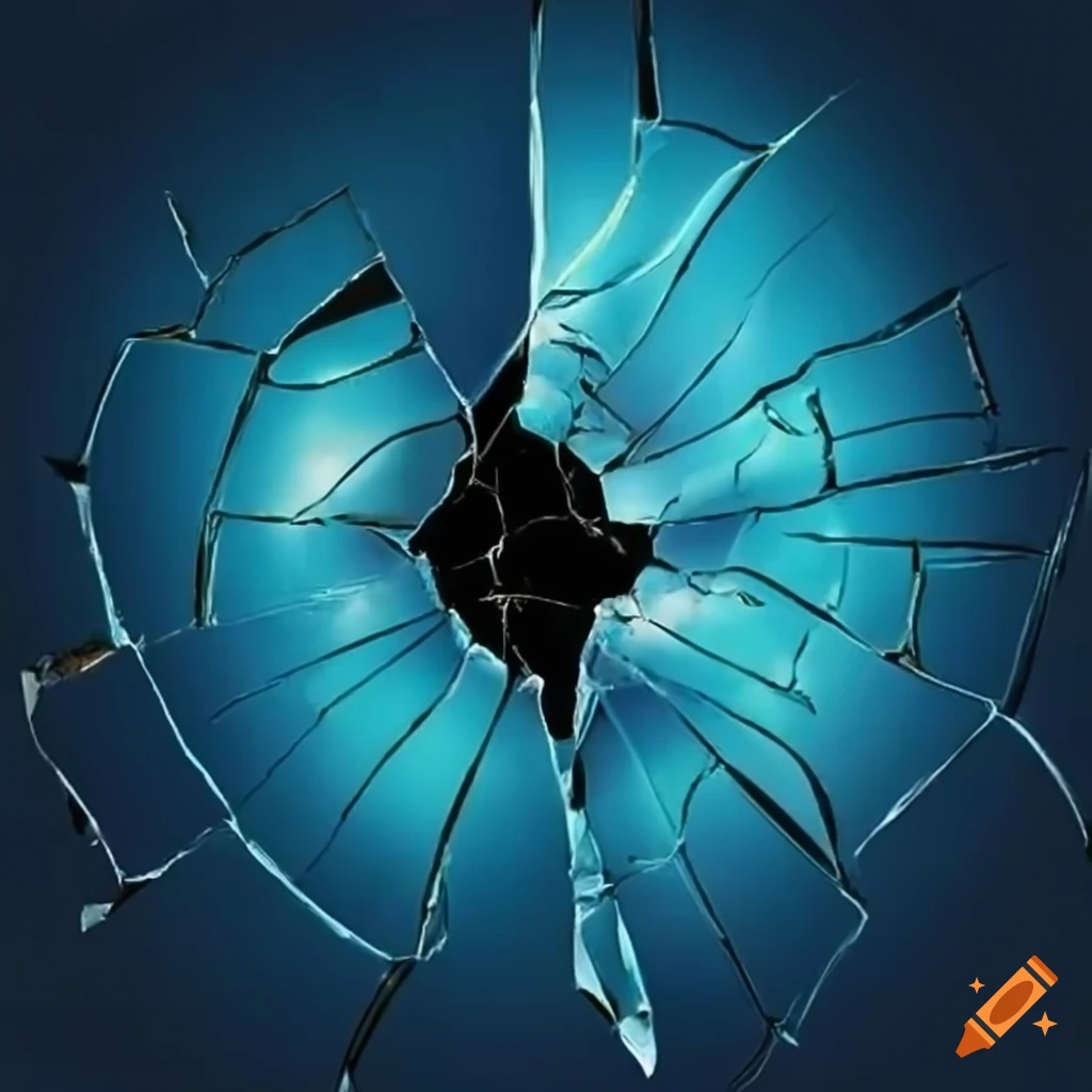 Broken glass with single point fracture on fluorescent blue background