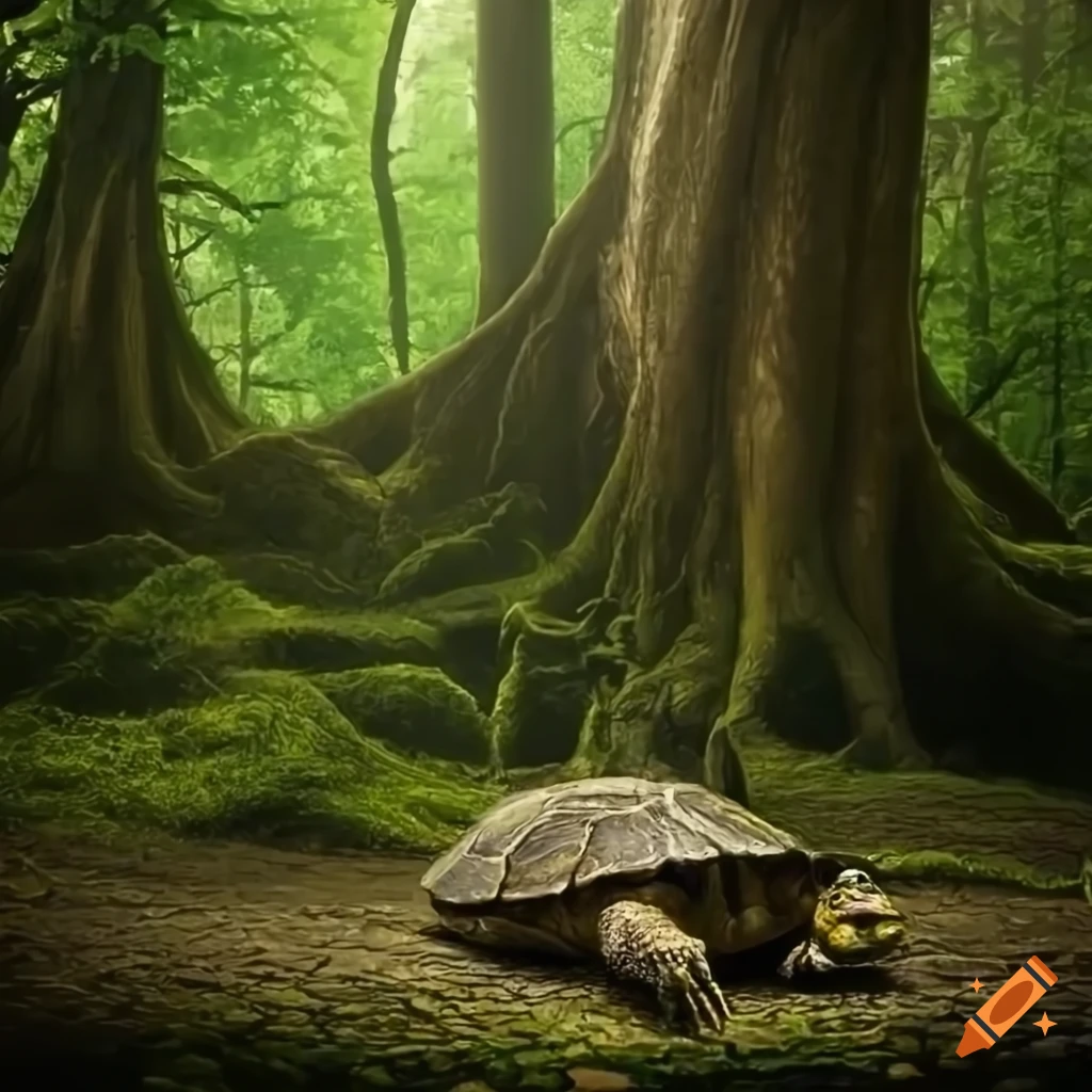 Serene forest scene with wise old turtle named Tiko under ancient tree