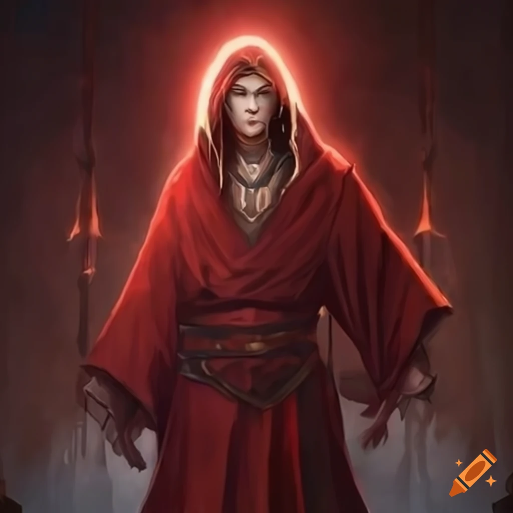 Elegant male elven mage in red robes casting a spell